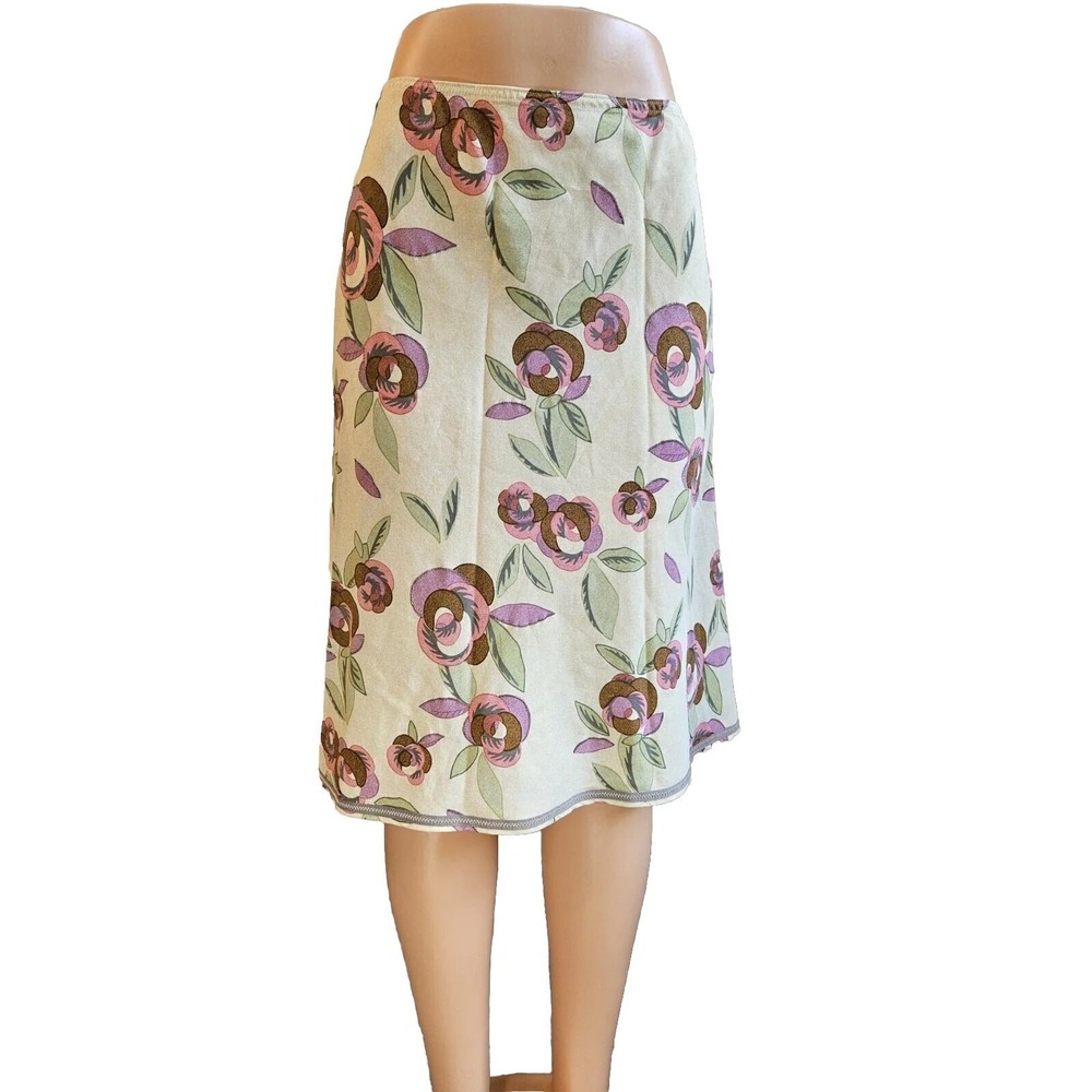 J. Jill Womens Floral Tencel A-Line Skirt Cream Pink Brown Rose Size 14 Vintage